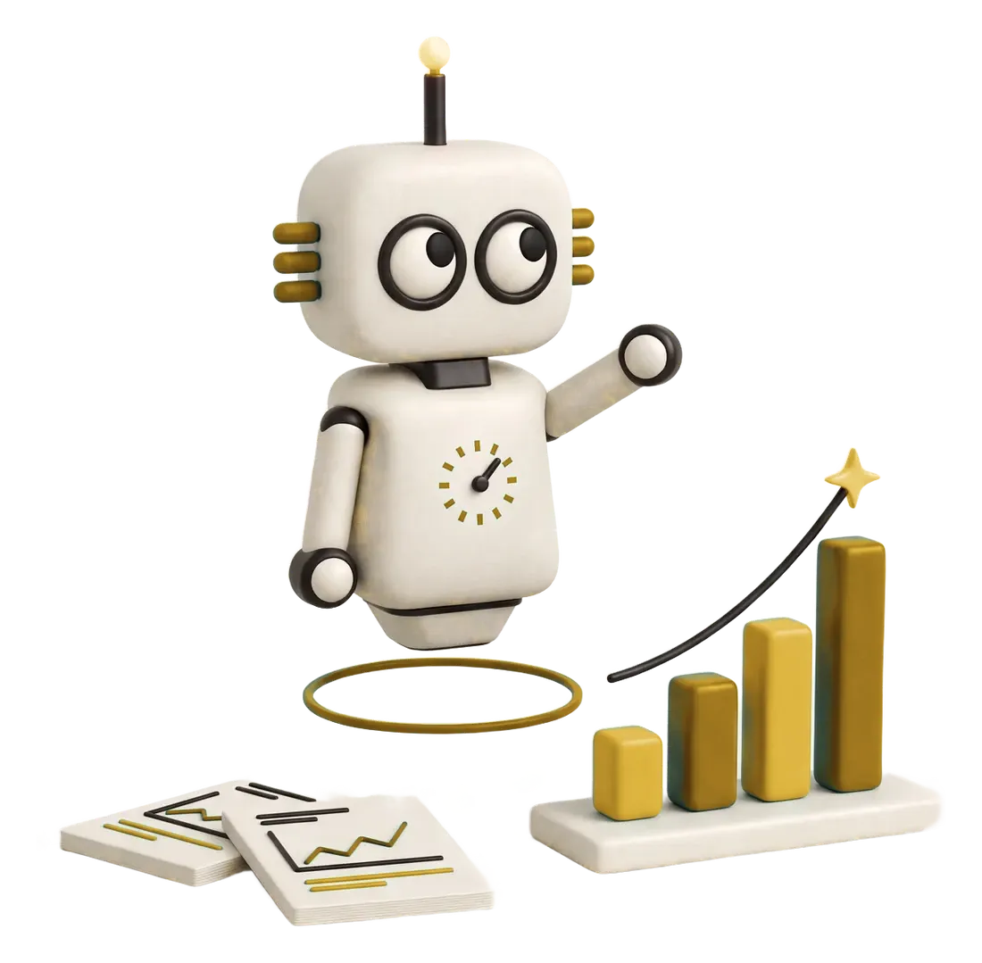 Robot de Magia 360 señalando un gráfico de barras que sube: analítica web y reportes de marketing
