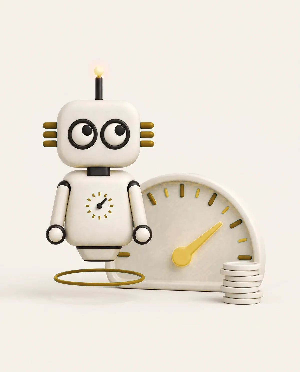 Robot de Magia 360 junto a un medidor y monedas: calculadora de CPM y CPC