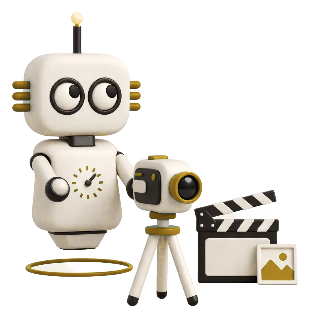 Robot de Magia 360 con una cámara de video y una claqueta: creación de contenido para marcas