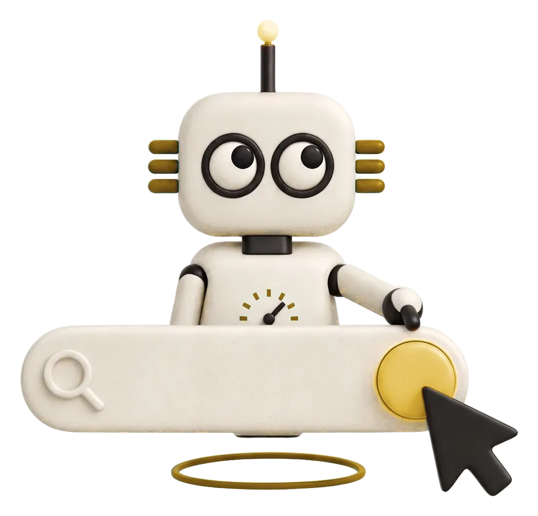 Robot de Magia 360 presionando el botón de una barra de búsqueda: publicidad en Google Ads