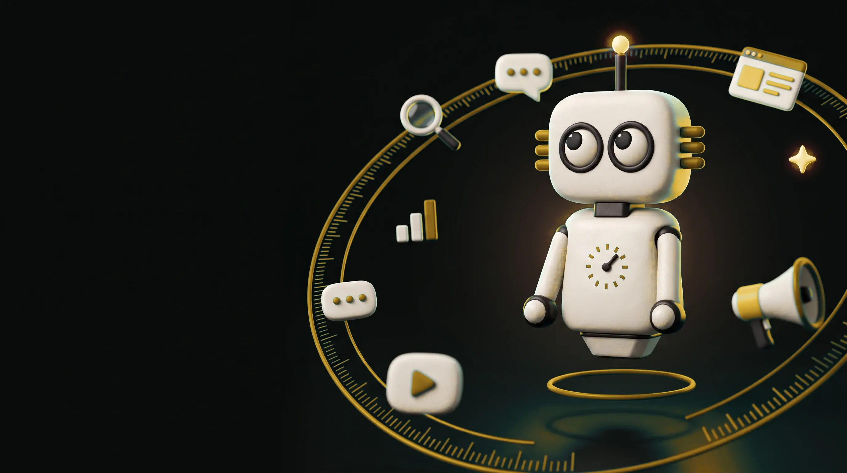 El robot de Magia 360 en 3D dentro de su órbita, rodeado de los servicios: búsqueda, mensajes, métricas, video, web y anuncios